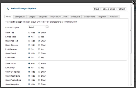 Article Manager Options in Joomla title=