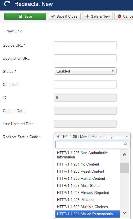 New Redirect Page with Advanced Mode Set to Yes