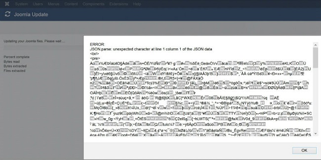 JSON.parse Error when Updating Joomla